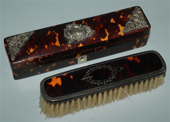Victorian silver and tortoiseshell comb box and a brush (2)